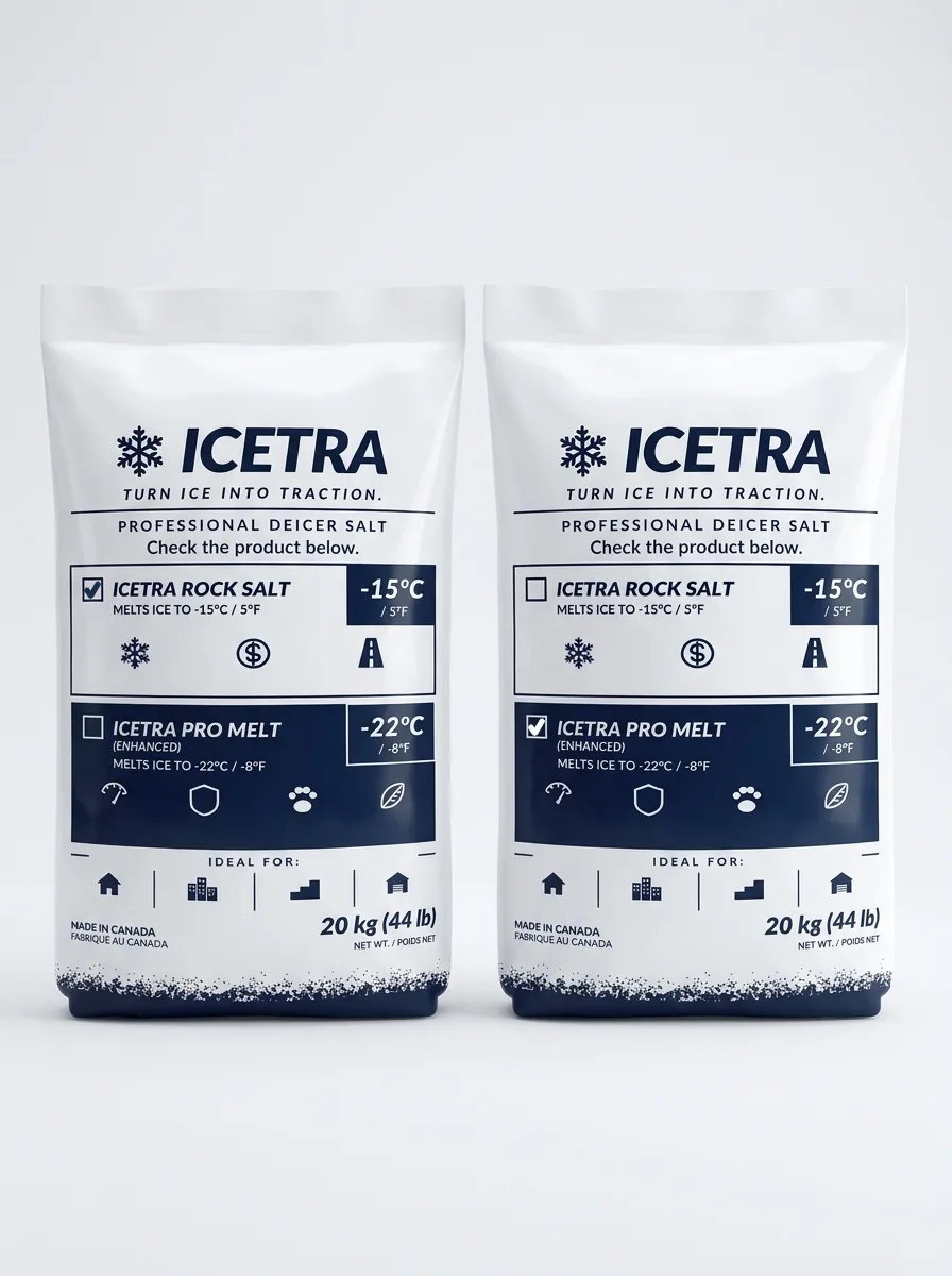 Two 20 kg ICETRA bags side by side. The left bag is ticked ICETRA Rock Salt, the right bag is ticked ICETRA Pro Melt